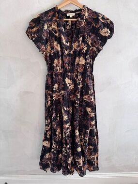 Elan - Black Floral Print Midi Dress with Waist Tie (NWOT)